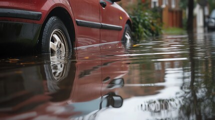 Reflection of submerged car tire in flooded street