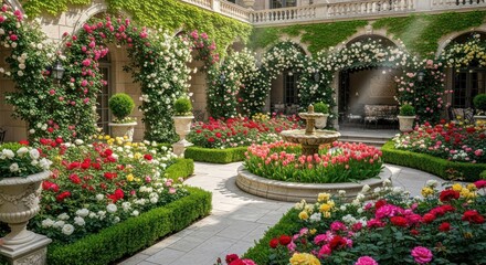Obraz premium Lush Courtyard Garden with Blooming Flowers and Elegant Fountain.