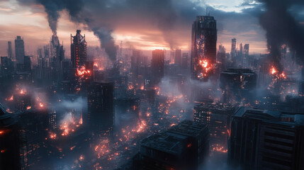 Obraz premium apocalypse, fantasy, intense, lightning, surreal, visual, artwork, chaos, climate change, contrast, disaster, dramatic, environmental, global warming, graphic, image, ominous, power, skyline, skyscrap