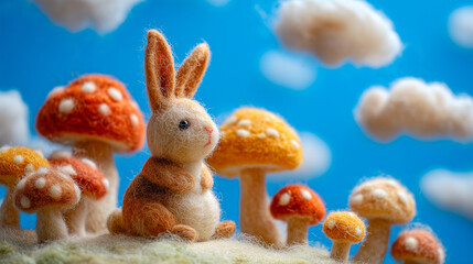 Cute felt bunny and mushroom handmade with wool needle felting