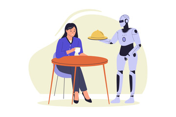 Robot Waiter Serving a Customer in a Restaurant Illustration. Vector Flat Illustration