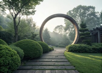 Tranquil zen garden path through circular gateway in morning mist