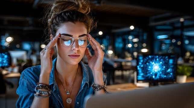 tired woman employee suffer from migraine or headache at office room, dizzy woman suffering headache while working on her computer at home, health problem at work
