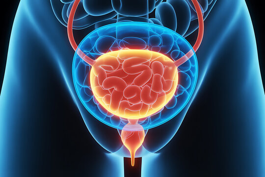 3d medical illustration of the urinary bladder with ureters prostate and urethra highlighted showing pelvic anatomy urination pathway and urology concept for healthcare education and diagnosis