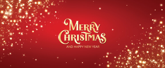 Merry Christmas lettering with golden glitter lights and sparkles on red background. Festive holiday design for greeting cards, invitations, banners, posters, and winter celebration.