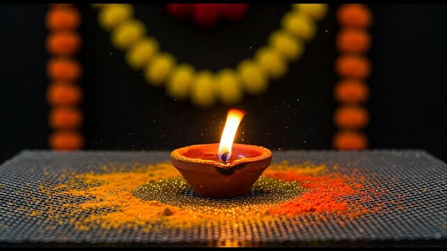 Clay diyo candle flame surrounded by colorful powders and beads  