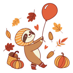 Whimsical Lazy sloth feeling Curious in a Autumn setting with with a balloon – colored in Autumn Leaves