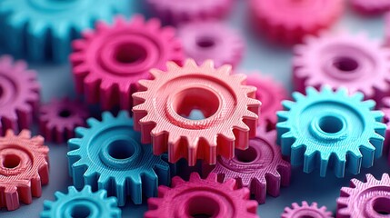 Colorful gears interlock, representing teamwork and mechanical processes in a detailed view.