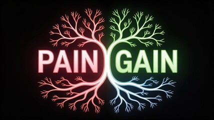 Pain and Gain: A visual representation contrasting pain and gain, symbolized by a vibrant tree that illuminates the dichotomy of struggle and reward. The tree depicts duality.