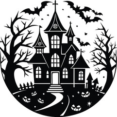 Halloween, vector illustration vector art of a spooky haunted house silhouette with bats flying around, perfect for halloween themed designs and decorations