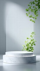Elegant marble pedestal with vibrant green plants, ideal for product presentation