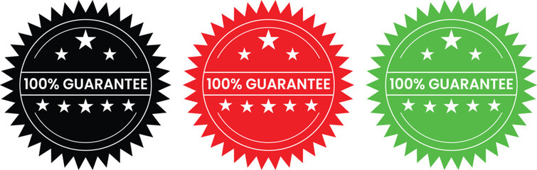 100% Guarantee Starburst Badges in Black, Red, and Green – Certified Vector Seal Icons for Quality Assurance