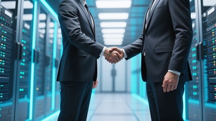 Professional handshake between businessmen in server facility representing IT agreement partnership and corporate technology success