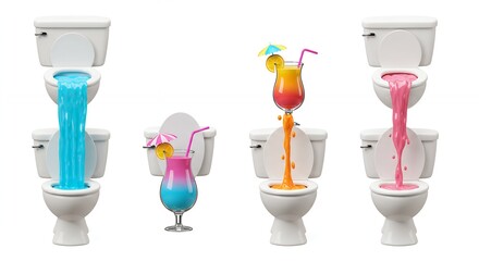 Colorful cocktails pouring into toilets funny image