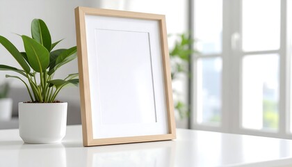 Modern minimalist mockup featuring a clean wooden frame and a lush green plant on a bright white desk