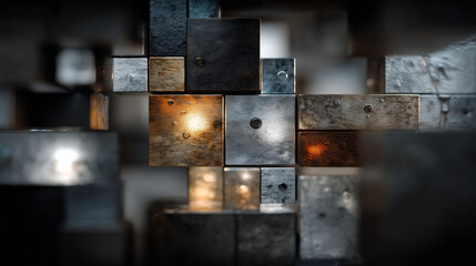 Abstract arrangement of metal blocks with glowing highlights, symbolizing industrial design, modern architecture, and creative geometric concepts
