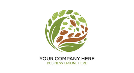 A circular nature logo with swirling green and brown leaves, forming a dynamic sphere of foliage.