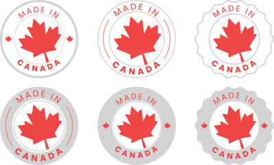 Made in Canada Badge Icons Set – Red Maple Leaf Round Labels in Various Styles