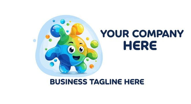 A friendly, smiling blob monster mascot made of colorful blue, green, and yellow liquid with floating bubbles.