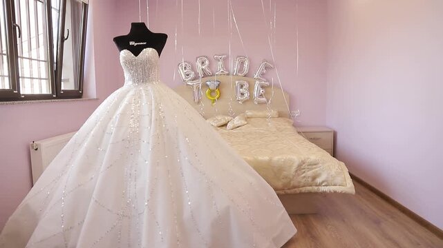 A stunning, voluminous white wedding gown is elegantly displayed on a mannequin. The strapless bodice features delicate pearl embellishments and a satin sash cinching the waist. 
