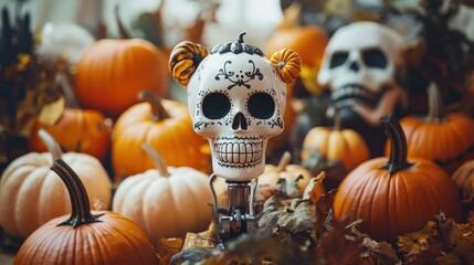 Celebrate spooky season with a decorative sugar skull surrounded by autumn pumpkins