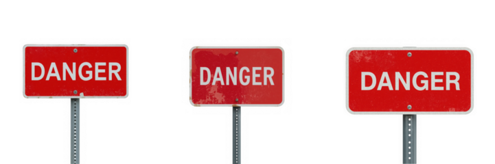 Three weathered danger signs isolated on transparent background, conveying a strong warning message and caution for hazardous situations and potential risks