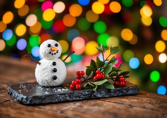 Obraz premium A charming mini snowman sits beside vibrant holly berries and green leaves on a dark slab, with festive bokeh lights in the background.