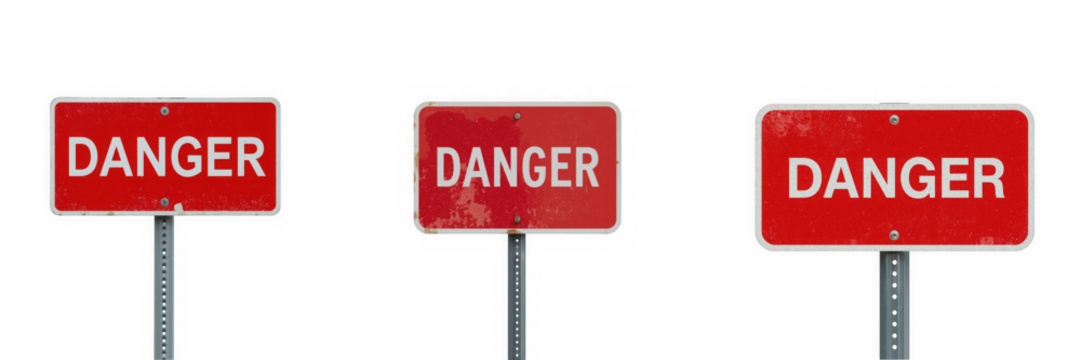 Three weathered danger signs isolated on transparent background, conveying a strong warning message and caution for hazardous situations and potential risks