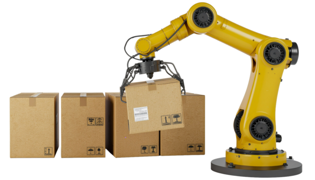 Robotic yellow machine claw holding a box on a transparent background with other boxes. Mock up. 