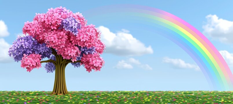 Enchanting rainbow fog sweeping over a dreamlike meadow landscape in a fantasy realm