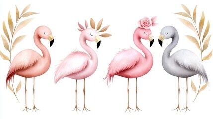 Fototapeta premium Hand drawn watercolor tropical flamingo birds wadding. Artistic avian illustration aquarelle exotic wading fowl hand painted flamingo tropic fauna plumage shorebird pink vibrant