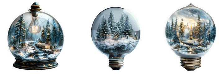 Winter snow globe light bulbs isolated on transparent background, featuring a snowy forest scene, perfect for christmas and holiday decoration with a vintage style