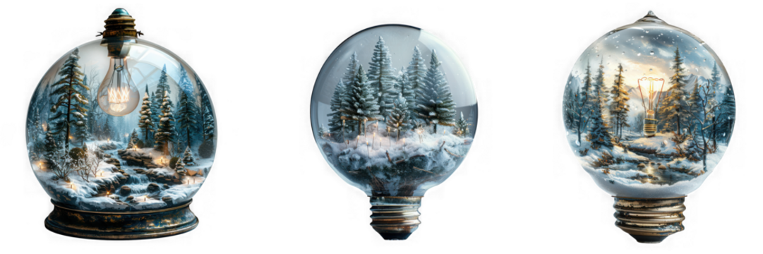 Winter snow globe light bulbs isolated on transparent background, featuring a snowy forest scene, perfect for christmas and holiday decoration with a vintage style