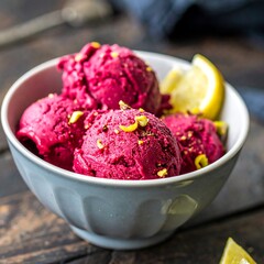 Bowl of vibrant pink ice cream, garnished