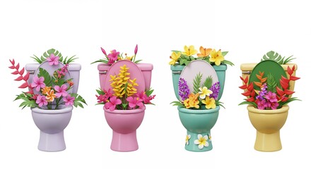 Obraz premium Four miniature decorated toilets in pastel colors