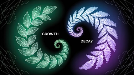Growth and Decay: A captivating illustration depicting the cyclical journey of life, featuring vibrant leaves spiraling through growth and decay, set against a dark backdrop and abstract shapes.