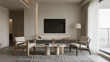The space at the junction of the living room and balcony, with light - tone and simple furniture, and white gauze curtains letting in light, creating a quiet and elegant atmosphere.