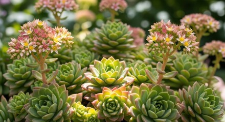 Fototapeta premium Close-up of succulent plants with delicate pink flowers in botanical garden