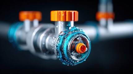 Obraz premium Detailed shot of an industrial valve with water droplets, in blue and orange, against a dark backdrop.