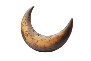 Ancient golden crescent moon artifact isolated on transparent background. Half moon isolated on white background.