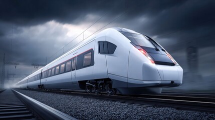 A sleek, high-speed train speeding down the tracks under a dramatic sky.