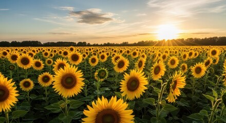 Fototapeta premium Golden hour sunflower field captures warm sunlight and blooming flowers in scenic landscape