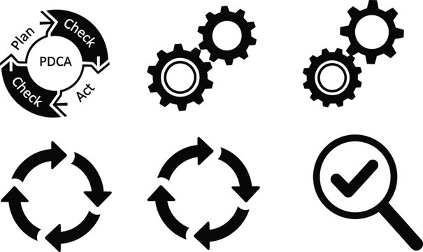 PDCA cycle and process icons for business strategy, planning, and project management visuals