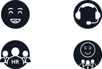 Customer service, happy employees, and HR team icons representing positive workplace culture