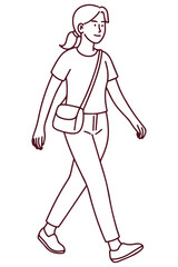 Black and white drawing, woman walking walking going to work or university, only line drawing, coloring, healthy lifestyle concept