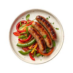 A plate of Italian sausage and peppers dinner isolated on a transparent background png