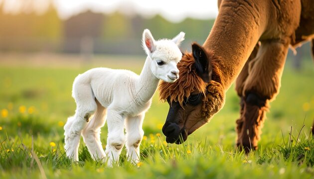 A  adorable young alpaca stands close to its mother in a grassy meadow, bathed in soft sunlight.