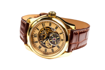 Luxury gold skeleton automatic wristwatch with brown leather strap isolated on transparent background. Luxury wristwatch isolated on white background.