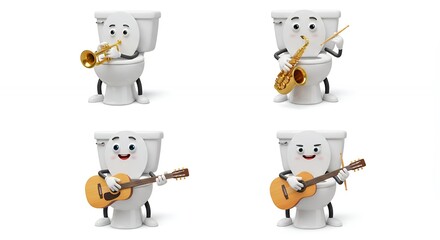 Toilet playing musical instruments cartoon illustration