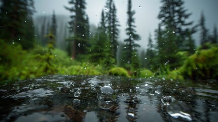 Serene rainy forest scene bathed in gentle, soft lighting for a tranquil atmosphere